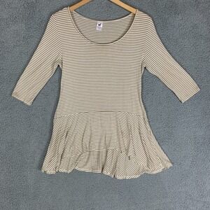 Peruvian Connection Pima Cotton Blend Peplum Top Womens Medium Tan White Striped